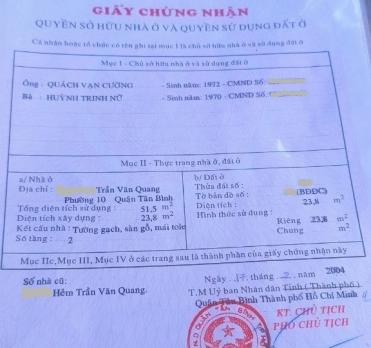 Sổ vuông 24m2 Trần Văn Quang, hẻm thông, chỉ 2.X tỷ