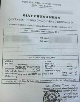143m2 MẶT TIỀN ĐƯỜNG BÌNH LONG TÂN PHÚ, 5X29, 4PN, dòng tiền 15 triệu, 16ty9