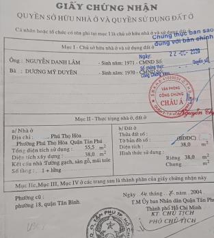 38m2 HẺM XE TẢI PHÚ THỌ HOÀ, hẻm thông, 3ty6