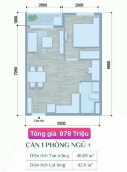 Bán căn hộ K‑Home 46,69m² – 1 phòng ngủ riêng, giá chỉ 978 triệu, vay ngân hàng dễ dàng