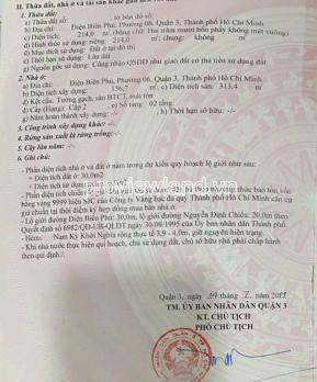 Bán nhà Quận 3, Đường Điện Biên Phủ, gần ngã tư, 214m2 đất, 2 tầng, giá bán 125 tỷ